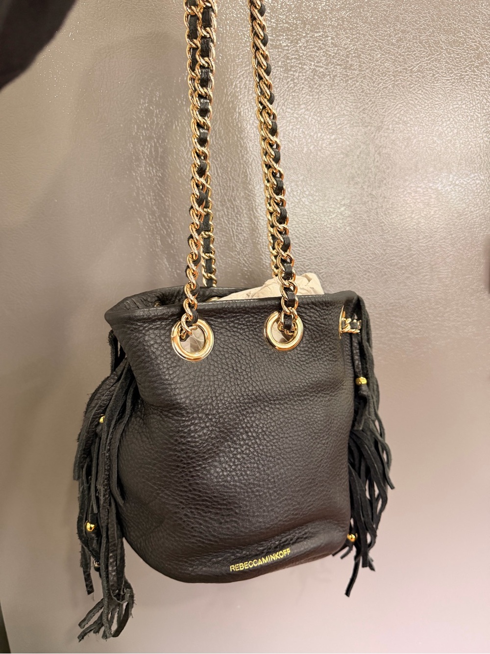 Rebecca Minkoff Black Leather Fringe Bucket Bag with Gold Chain - Picture 7 of 14